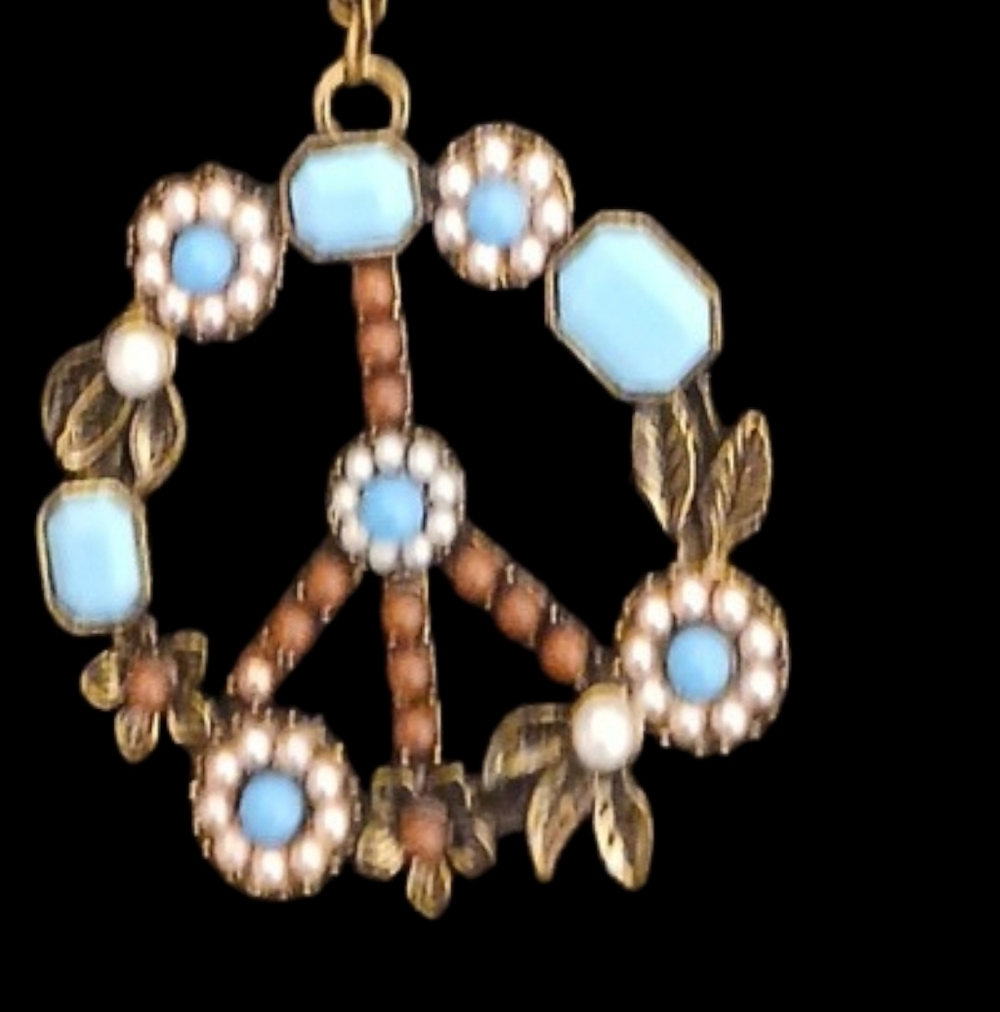 Necklace - Vintage Peace Sign Necklace W/ Multi Colored Beads Floral Pattern,... - Picture 3 of 7